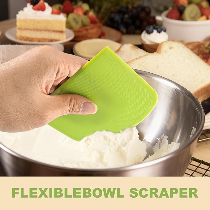 3-Piece Dough Scraper Set, 4.7x3.7 Inch Flexible Plastic Bowl and Bench Scrapers with Sharp Edges & Anti-Slip Grip for Baking, Pastry & Bread Making