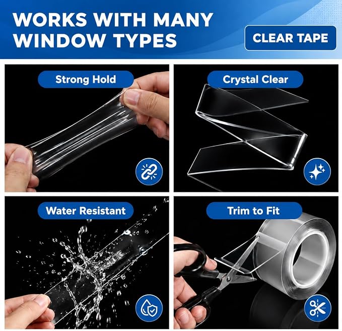 Window Sealing Tape, 3 Inch x 165 FT Clear Weather Stripping Tape for Drafty Windows, Window AC Units, No Residue Removable Waterproof Insulation Tape for Winter and Summer (Clear, 3-Inch x 55 Yards)