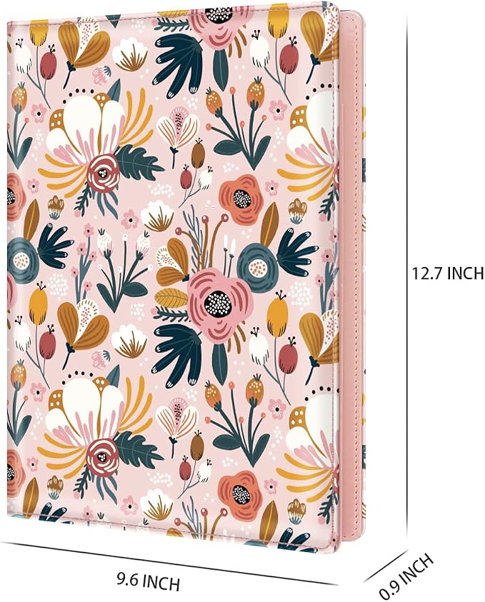 Portfolio Case for Women, Cute Floral Padfolio Cover for Girls, Conference/Resume/Legal Document Organizer with Letter/A4 Size Clipboard Hardboard, Business Card Holders, Pink Flower