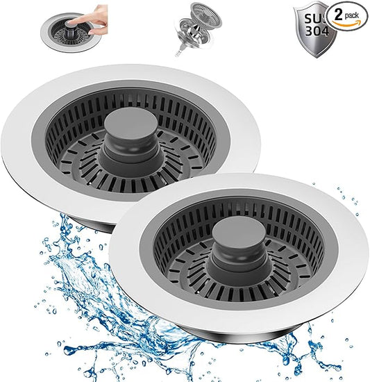 2 Pcs Kitchen Sink Drain Strainer and Stopper Combo, 3 in 1 Stainless Steel Pop-Up Sink Stopper & Drain Strainer for Standard Drains, Ideal Sink Protectors for Kitchen Sink