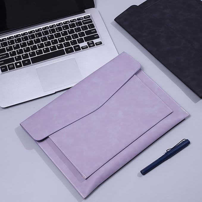 PU Leather A4 File Folder Document Holder with 2 Compartments Envelope Folder Case with Snap Closure for Receipt Contract (Purple)