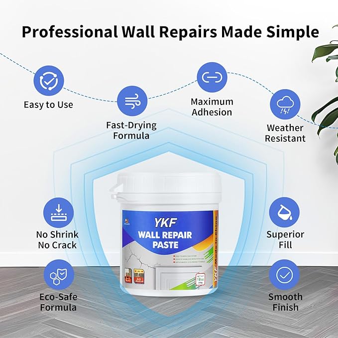 YKF Drywall Repair Kit (18 oz) - Spackle Paste with Scraper & 2X Self-Adhesive Patches (4") - Quick Dry, Waterproof Mending Agent for Large Holes, Plaster (White)