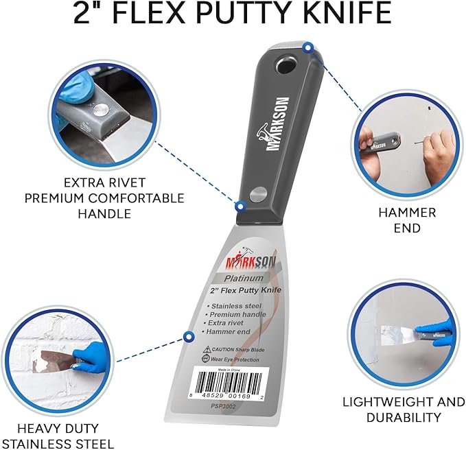 MARKSON Putty Knife 2", Scraper Tool Stainless Steel Blade, Paint Scraper with Nylon Handle Hammer End