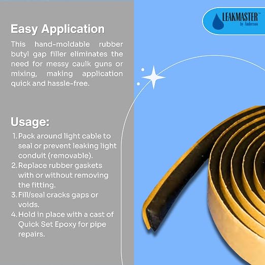 Conduit Butyl Tape for Leakmaster Anderson Manufacturing - BT15 Butyl Sealant Tape for Leak - Underwater Seal Tape w/o Messy Butyl Caulk Guns - Moldable Butyl Rubber Sealant Gap Filler (15 ft. Roll)