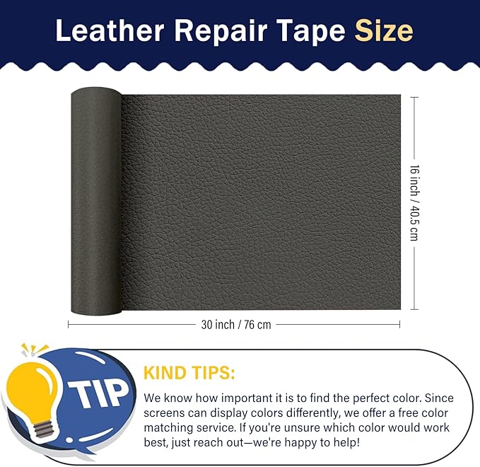 Zenyao Leather Repair Patch Tape - Self Adhesive Leather Repair Kit for Car Seat Furniture, Heavy Duty Vinyl Repair Patch for Couch Sofa, Waterproof Fix for Tears, 16x30 Inch Roll, Dark Grey