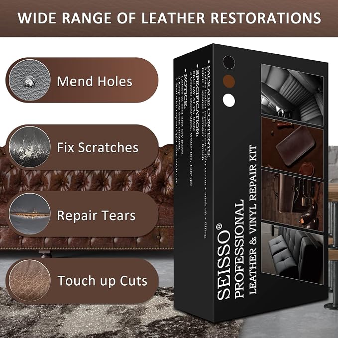 SEISSO Leather Repair Kit for Furniture, Vinyl Leather Repair Kit Car Interior Leather Dye with Mink Oil, Leather Filler Restore for Sofa Couch Cat Scratches
