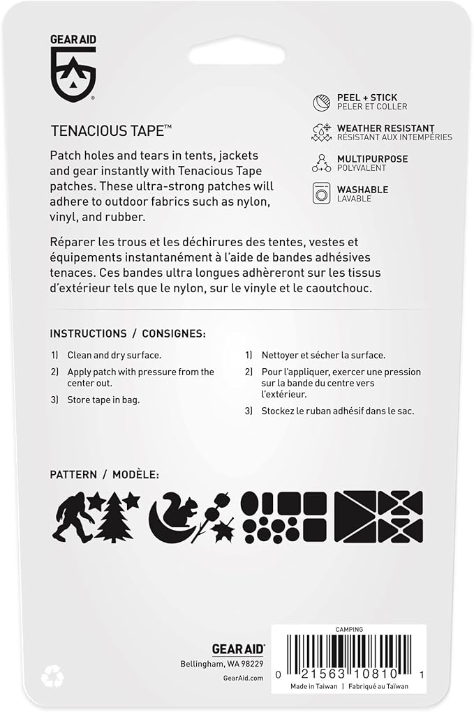 GEAR AID Tenacious Tape Gear Patches for Jacket Repair, Black Nylon, Camping, 3" x 20", 2 Pack