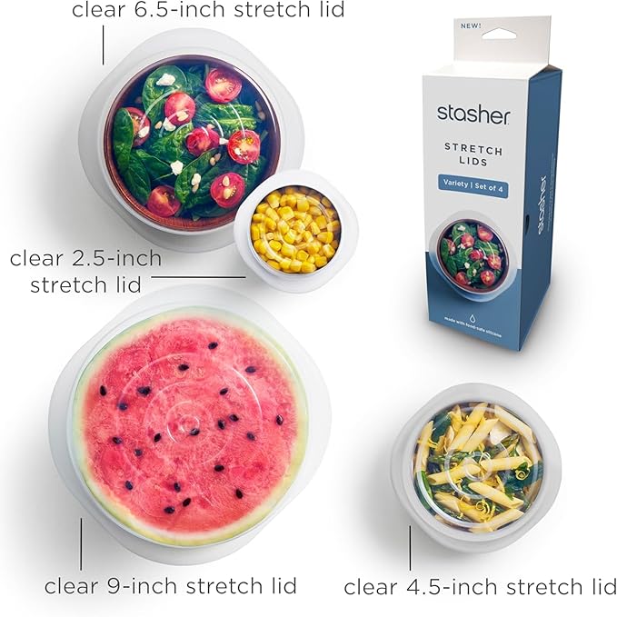Stasher Premium Reusable Silicone Stretch Lids, Clear, 4pk of 9”, 6.5”, 4.5”, and 2.5” Lids, Airtight Seal, Food Container Covers, BPA Free, Leak-Free, Dishwasher Safe, Microwave Safe, Eco-Friendly