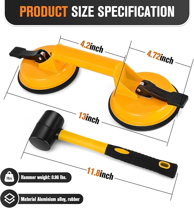 LIYYOO Floor Gap Fixer, Tile Suction Cup Tool,Heavy Duty Suction Cups,Double Suction Cup Wiht Mallet For Lift Large Glass/Tile Lifter/Moving Glass/Pad for Lifting/Dent Puller (1+1 Pack) (Yellow)