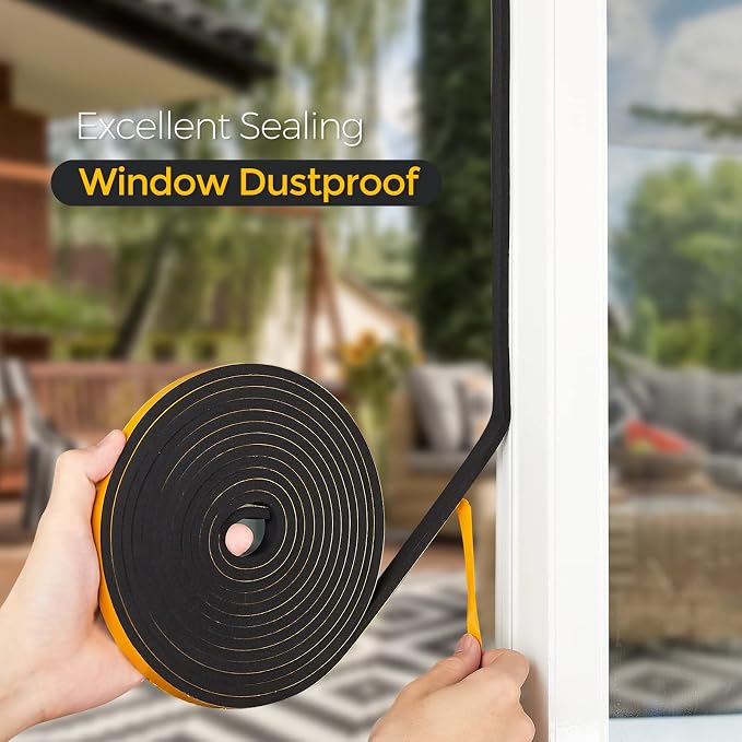 16 Feet Weather Stripping Door Seal, 1" Wide X 3/4" Thick Door Seal Strip High Density Foam Tape Adhesive Strip for Door Soundproofing,Window Insulation (1" x 3/4" x 16FT,Black)