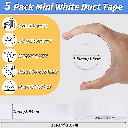 5 Pack Mini White Duct Tape, 1" X 75 Yards Travel Size Duct Tape, Pocket Size Heavy Duty Waterproof No Residue Tear by Hand, Multi-Use for Indoor & Outdoor Repairs, travel camping DIY projects