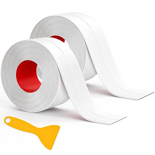 Fixmend Caulk Tape, 2 Roll Self Adhesive Caulk Strip Waterproof, Caulking Sealant Tape for Kitchen, Countertop, Bathroom, Sink, Shower, Bathtub, Toilet Edge Protector with Sealing Tool (1.5" x 10.5Ft)