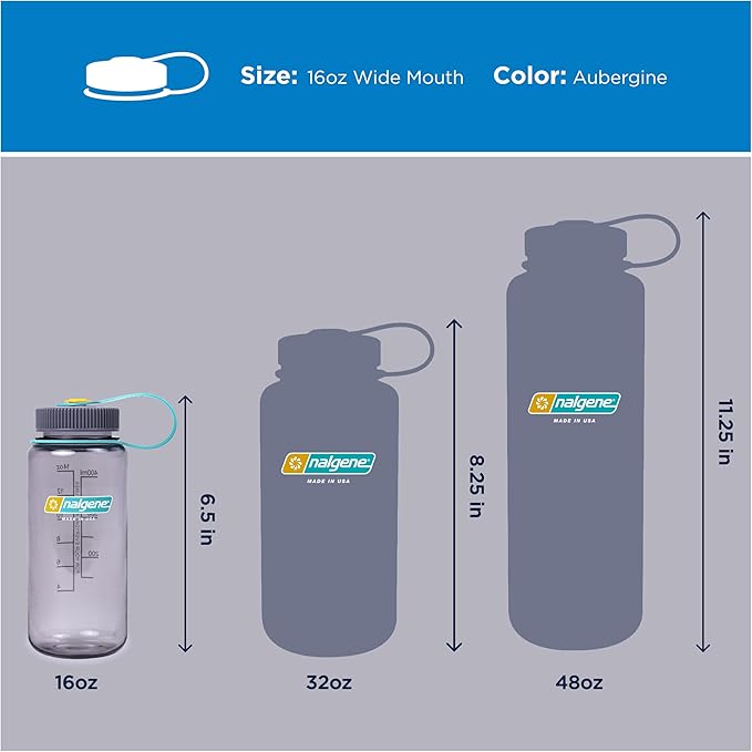 Nalgene 16 oz Wide Mouth Water Bottle | Slim Cup Holder Size, BPA-Free, Durable & Leak Proof, Lightweight Travel Bottle, Aubergine