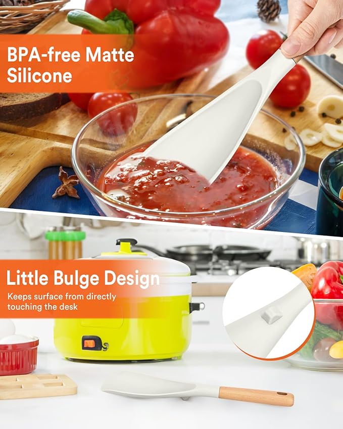 Cooking Spoon for Nonstick Cookwares, Great for Cooking and Serving Sturdy BPA-Free Matte Silicone, Wood Handle Spoon for Mixing, Scoop, and Scrape (2 Pack of White, 11.4 inch)