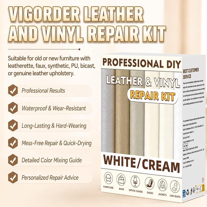 Vigorder Cream Leather Repair Kit for Furniture, Vinyl Repair Kit for Car Interior, Sofa, Jacket, Purse – Super Easy Instructions to Fix Scratches, Tears, Holes, and Peeling