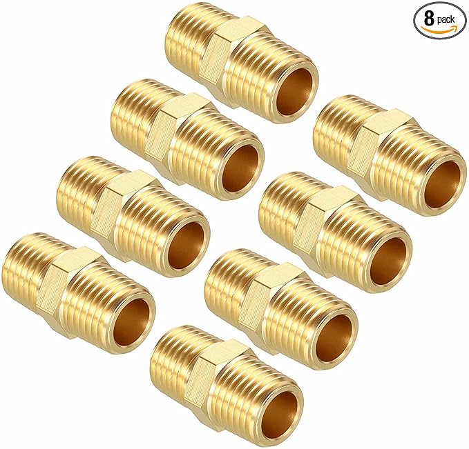 Pack of 8, 1/4" MNPT To 1/4" MNPT Solid Brass Hex Nipple Hose Connectors, Male Pipe Adapter for Pipe Leak Repair, Bathroom Remodeling, Tool Extension, Compression