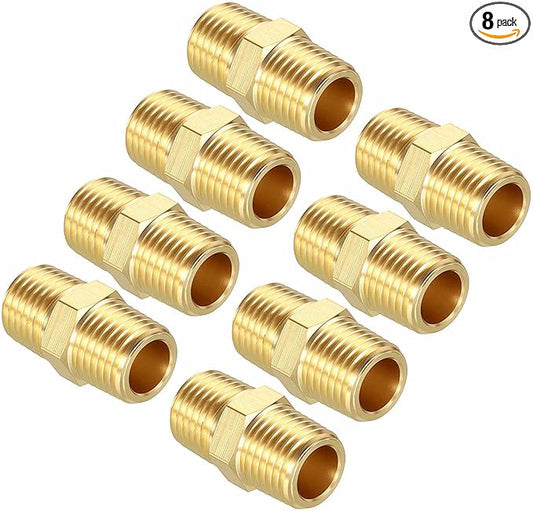 Pack of 8, 1/4" MNPT To 1/4" MNPT Solid Brass Hex Nipple Hose Connectors, Male Pipe Adapter for Pipe Leak Repair, Bathroom Remodeling, Tool Extension, Compression
