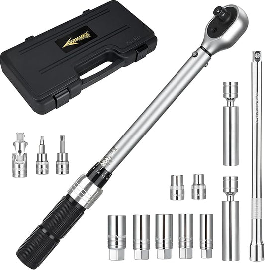 AEROFORCE 14PCS 3/8-Inch Drive Swivel Magnetic Spark Plug Socket Set with 3/8'' Torque Wrench (5-45 Lb.ft/6.8-61.2 Nm), Universal Joint & Extension Bar - Durable CR-V Steel for Easy Spark Plug Removal