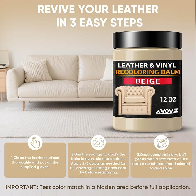Leather Recoloring Balm, Leather Couch Repair Kit, Leather Restorer for Couches, Leather Scratch Repair, Leather Recoloring Balm for Faded & Scratched Leather Couches (Beige, 12 OZ)