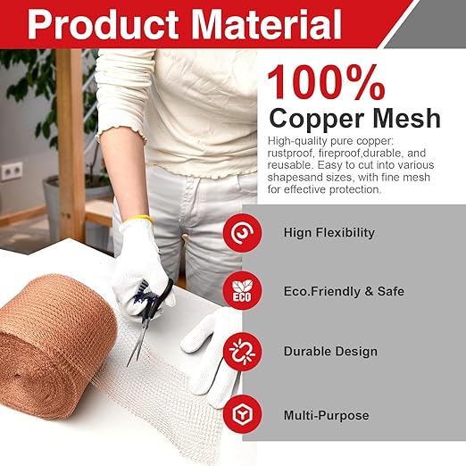 5 Inch×20 ft Copper Mesh Rodent Control, 100% Pure Copper Barrier for Mice Rat and Snail, Gap Filler for Home Repair and Gardening, Includes Scissors, Gloves and Trowel