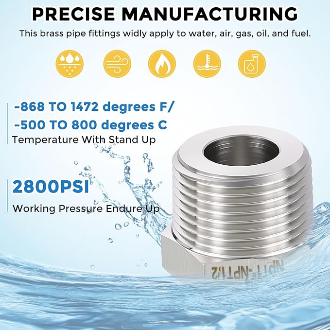 Pack of 10, 1/4" Male NPT NPT1/8" FeMale NPT Solid 304 Stainless Steel Hex Bushing with Sealing Tape, Hose Fittings Adapter Reducer for Bathroom Remodel, Tool Extensions