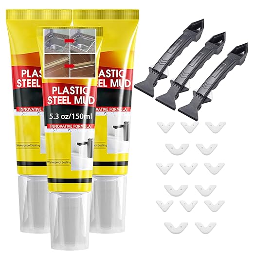 XIRUJNFD 15.9 Oz Multifunctional Waterproof White Caulk with Scraper, Plastic Steel Repair Adhesive for Kitchen Bathroom, Stronger Adhesion Sealant for Window Toilet Sink, Quick-Drying (3 Sets)
