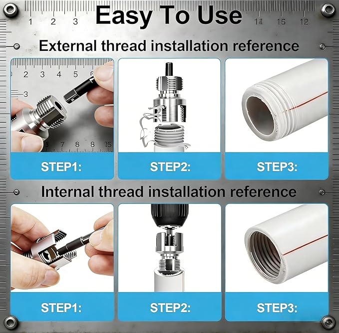 3 PCS Integrated PVC Pipe Threading Tool, Premium Carbon Steel Dual-Function Internal & External Pipe Threader for 1/2", 3/4", 1" Sizes PVC Pipes Suit for All Electric Drills (1/2"+3/4"+1")