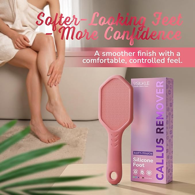SILKLE Nano Glass Foot File - Silicone Foot Callus Remover for Feet and Cracked Heels - Heel Scraper for Dead Skin - Ergonomic Foot Scrubber & Exfoliator for Shower with Non-Slip Grip - Pink