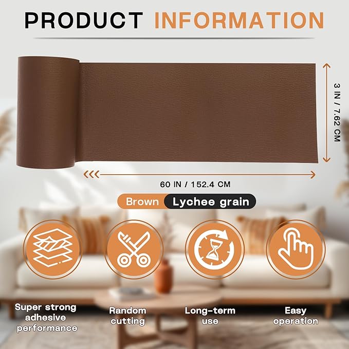 Leather Repair Patch, 3 x 60In Self Adhesive Leather Repair Tape Kit for Furniture, Couch, Sofa, Office, Car Seats, Car Interior, Vinyl Repair Kit (Brown)