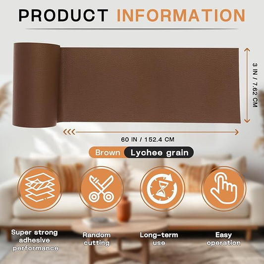 Leather Repair Patch, 3 x 60In Self Adhesive Leather Repair Tape Kit for Furniture, Couch, Sofa, Office, Car Seats, Car Interior, Vinyl Repair Kit (Brown)