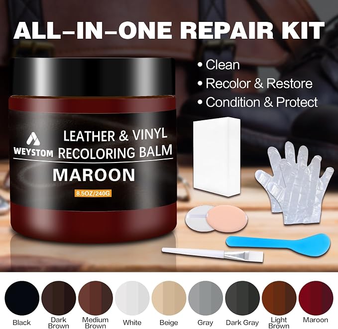 Leather Recoloring Balm - Maroon Leather Repair Kit for Furniture, Dye, Recolor, Renew, Repair & Restore Aged, Faded, Cracked, Peeling and Scuffed, Car Care