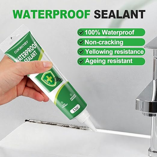 Silicone Caulk 5.3 Oz Squeeze Tube Waterproof Silicone Sealant for Kitchen Bathroom, Stronger Adhesion White Caulk for Window Toilet Sink Door Caulking Sealant with Tape and Scraper, 1 Pack