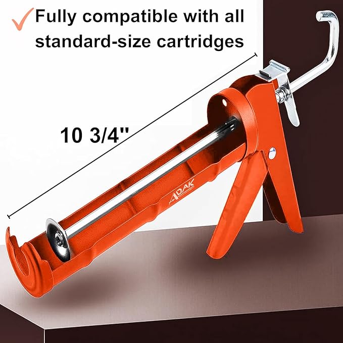 ADAK - Professional Caulking Gun, 10:1 Thrust Ratio, Caulking Gun No Drip, Hand Tool for Silicone & Sealant Application, Smooth Pressure Caulk Gun, Caulking Gun Tool (Orange)