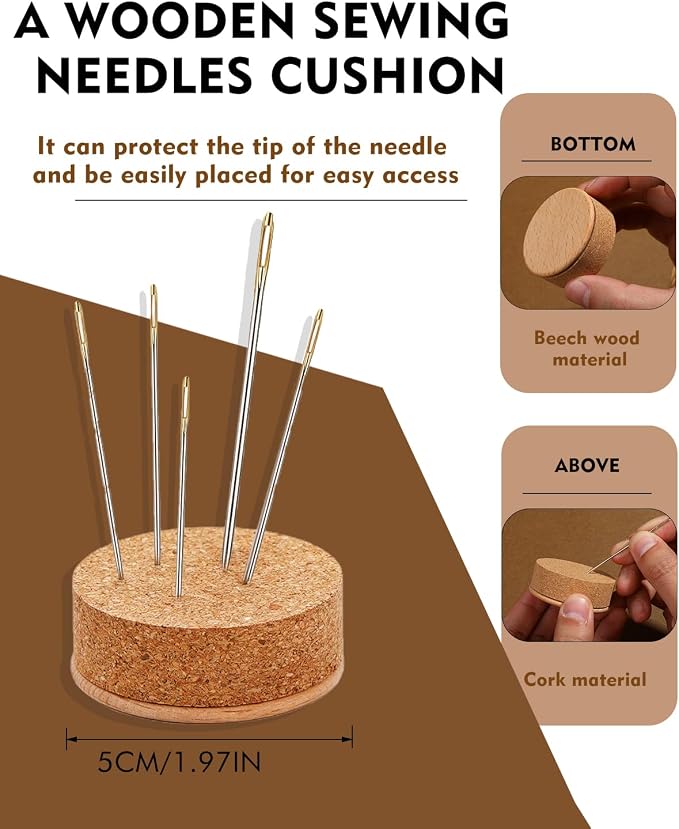FOUSNOW 19 Pcs Hand Sewing Needles Kit, Assorted Sewing Needles with Wooden Sewing Needles Cushion, Needle Threaders for Hand Sewing, 3 Sizes Hand Stitching Needles for Sewing Repairing Craft