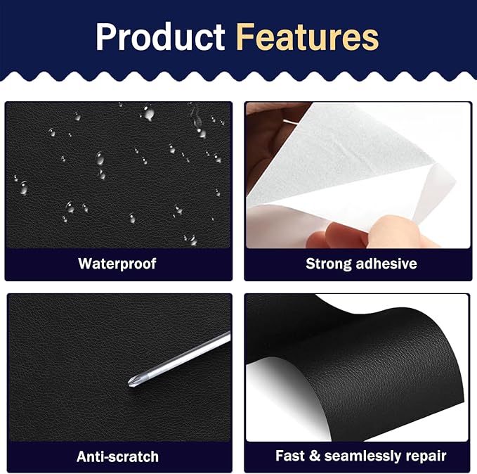 Zenyao Leather Repair Patch Tape - Self Adhesive Leather Repair Kit for Car Seat Furniture, Heavy Duty Vinyl Repair Patch for Couch Sofa, Waterproof for Rips Scratches Tears, 16x30 Inch Roll, Black