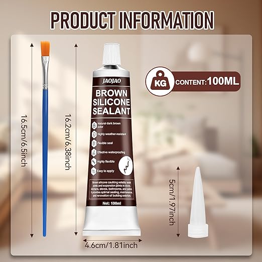 Brown Silicone Caulk, Brown Caulk Water-Resistant Adhesive Perfect Seal for Interior and Exterior Use Reliable and Effective Long-Lasting Protection for Doors Windows Siding Roofing,100g