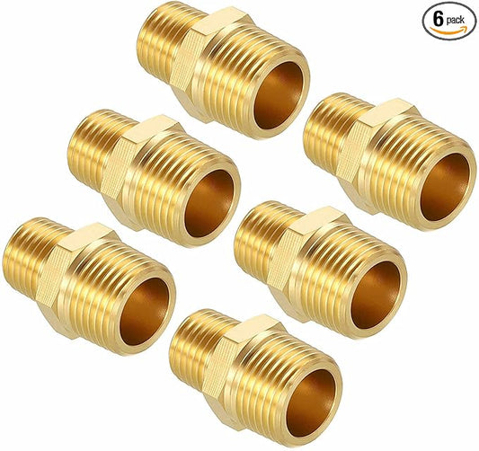 Packs of 6, 3/8" MNPT To 1/4" MNPT Solid Brass Hex Nipple Hose Connectors, Male Pipe Adapter for Pipe Leak Repair, Bathroom Remodeling, Tool Extension, Compression, Irrigation