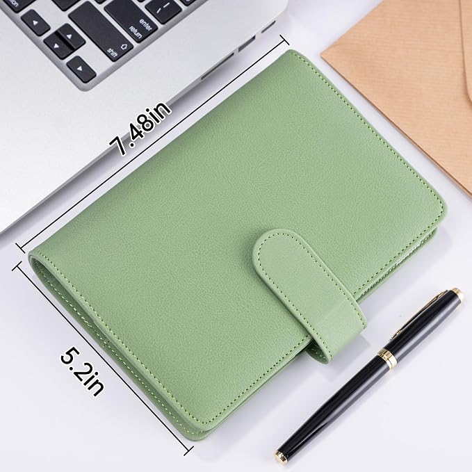 Antner A6 Notebook Binder Refillable 6 Ring Budget Binder Cover for A6 Refill Paper, PU Leather Budget Planner Organizer with Magnetic Buckle, Loose Leaf Personal Planner, Matcha Green