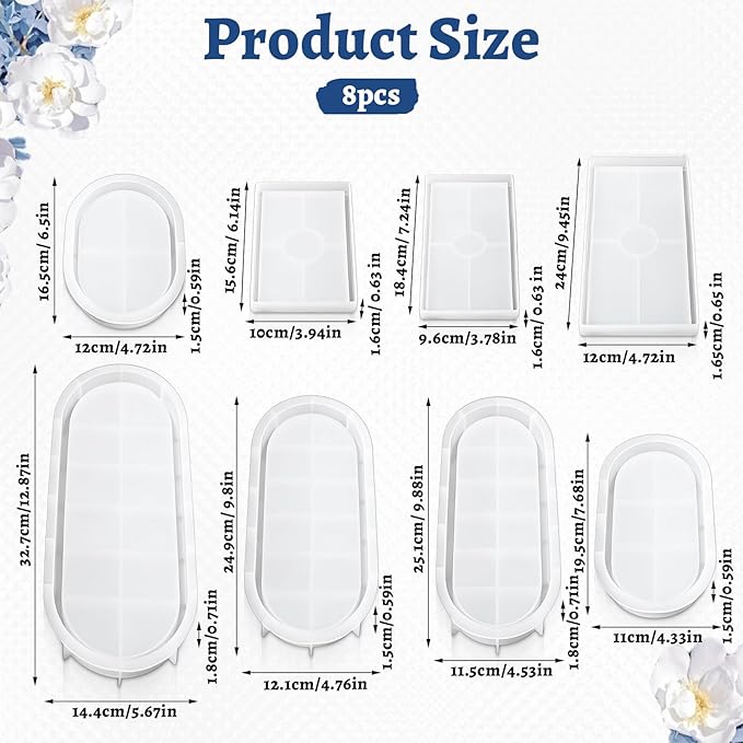 8 Sizes Epoxy Resin Silicone Molds Kit, Rectangular/Oval Resin Art Display Mold, Soft and Easy to Unmold, Silicone Casting Molds, for Soap, Candles, Specimen, Dried Flower, DIY Handicrafts
