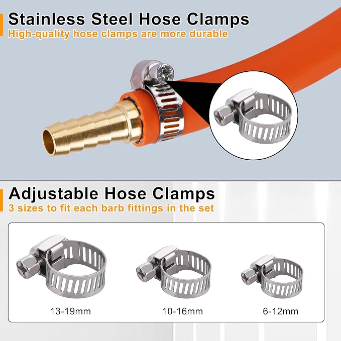 26PCS Brass Hose Barb Fitting,Barb Splicer Mender Hose Fittings 3/16" 1/4" 5/16" 3/8" 1/2" 5/8" with 52Pcs Stainless Steel Pipe Hose Clamps for Air/Fuel/Water/Oil Hose