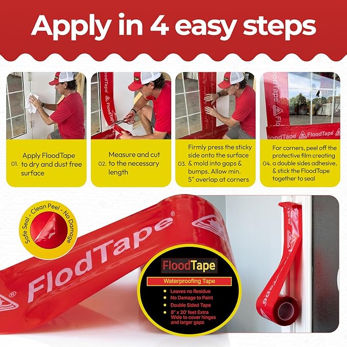 FloodTape® Waterproof Adhesive Tape – 8 inches Extra Wide x 20 feet Long Roll - Temporary Flood and Snow/Ice Water Barrier for Doors & Windows – Double-Sided, No Residue, No Damage, Easy Installation