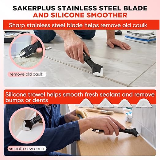 Sakerplus 3-in-1 Silicone Caulking Tools,Caulk Remover Tool and Caulk Finishing Tool Kit with Silicone Smoother,Nozzle Needle for Kitchen Bathroom Window Sink (Classic with Scraper)