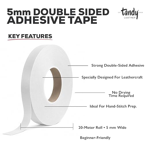 Tandy Leather Tanner's Bond Adhesive Tape - Mess Free Alignment for Stitching and Sewing Projects - Thin Double Sided Tape for Precise Leathercraft Work - 5 mm x 20 m