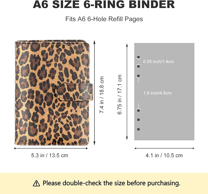 Convend A6/A5 Refillable 6 Ring Faux Leather Budget Binder,Mini Notebook Binder Cover for A6 Filler Paper,Loose Leaf Personal Planner Cover with Magnetic Buckle Closure (Leopard)