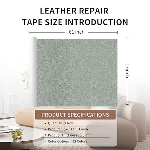 Leather Repair Patch Tape Kit Grey 17 x 61 Self Adhesive Leather Repair Patch for Furniture, Couch, Sofa, Car Seats,Office Chair,Vinyl Repair Kit