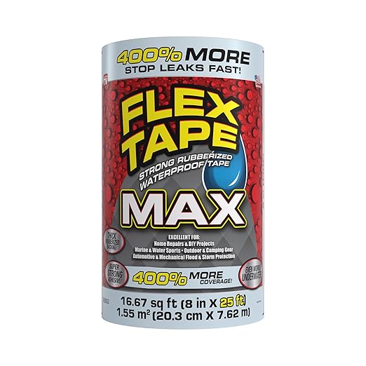 Flex Tape, MAX, Original Thick Flexible Rubberized Waterproof Tape - Seal and Patch Leaks, Works Underwater, Indoor Outdoor - Home RV Roof and Pool Repairs, Clear, 8 in x 25 ft, Pack of 1
