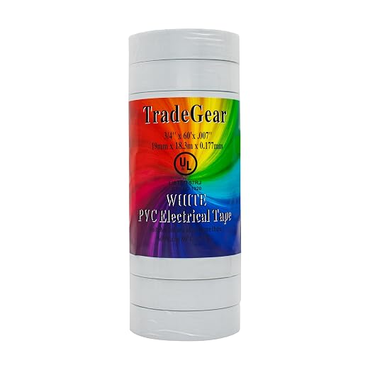 TradeGear White 10 Pack - UL Listed Colored Electrical Tape, 60 ft x 3/4 in, 600V, Flame Retardant, Waterproof, Rubber Adhesive - Phase Marking, Wire ID, Automotive