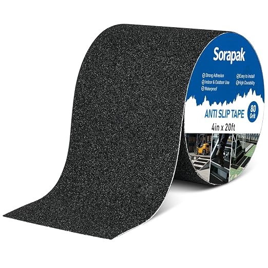 Black Anti Slip Tape 4in x 20ft, 80 Grit Waterproof Non Skid Grip Tape Roll for Ramps, Decks, Boat Decks, Warehouse Floors, Garages, Indoor & Outdoor Use