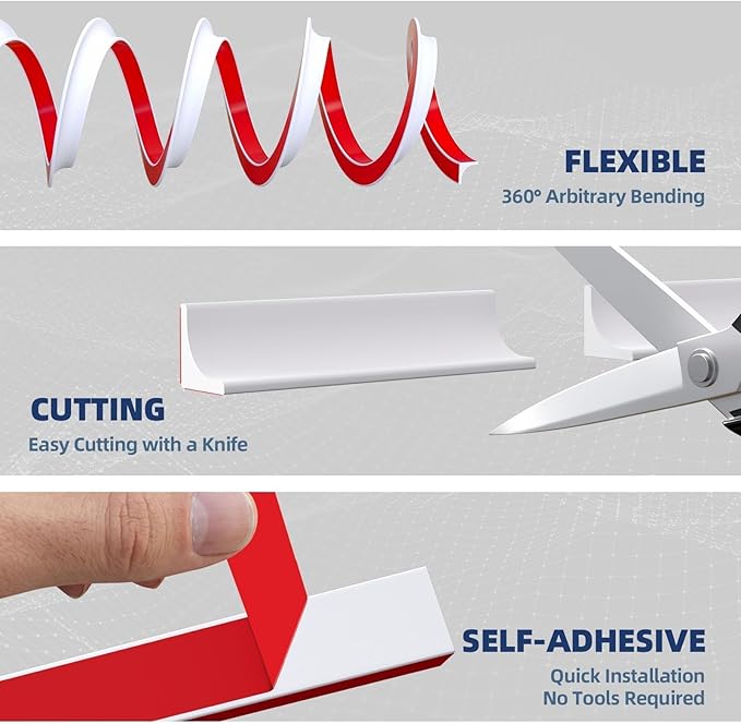 1/2 inch Flexible Quarter Round Molding Trim, Peel and Stick Silicone Baseboard Trim, Self Adhesive Wall Corner Trim, Waterproof Edge Trim for Floor, Cabinet, Bathroom, Kitchen (White)
