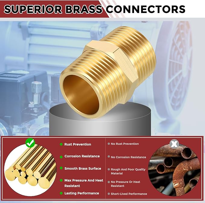 Pack of 5, 1/2" MNPT To 1/4" MNPT Solid Brass Hex Nipple Hose Connectors W/Sealing Tapes, Male Pipe Adapter for Pipe Leak Repair, Bathroom Remodeling, Tool Extension, Compression